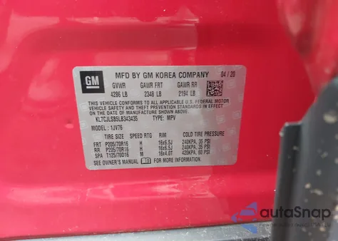 2020 Chevrolet Trax Fwd Lt from USA, damaged, VIN KL7CJLSB5LB343435